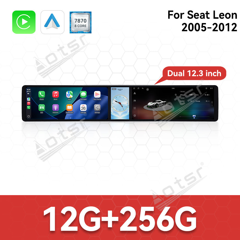 Aotsr Dual 12.3 inch Car Radio for Seat Leon 2005-2012 with 7870 Octa Core Chip Ultra HD 2400*900 Touch Screen Wireless CarPlay Bluetooth 5.0 GPS Navigation 4G Network OEM Upgrade Multimedia System