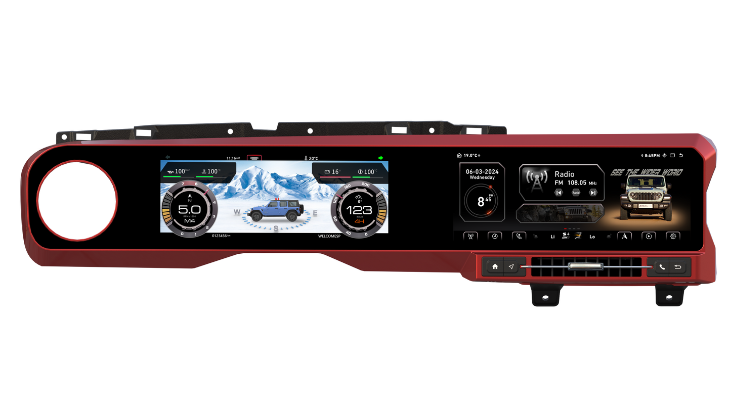 27" LCD Instrument Cluster For Jeep Wrangle JL 2018-2021 Car Radio Android 13 Long Strip QLED Screen Multimedia Player Head Unit