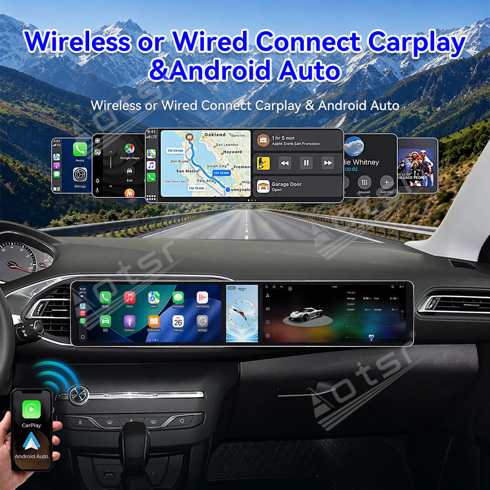 Aotsr Dual 12.3 inch Car Radio for Peugeot 308S 2015-2018 with 7870 Octa Core Chip Ultra HD 2400*900 Touch Screen Wireless CarPlay Bluetooth 5.0 GPS Navigation 4G Network OEM Upgrade Multimedia System