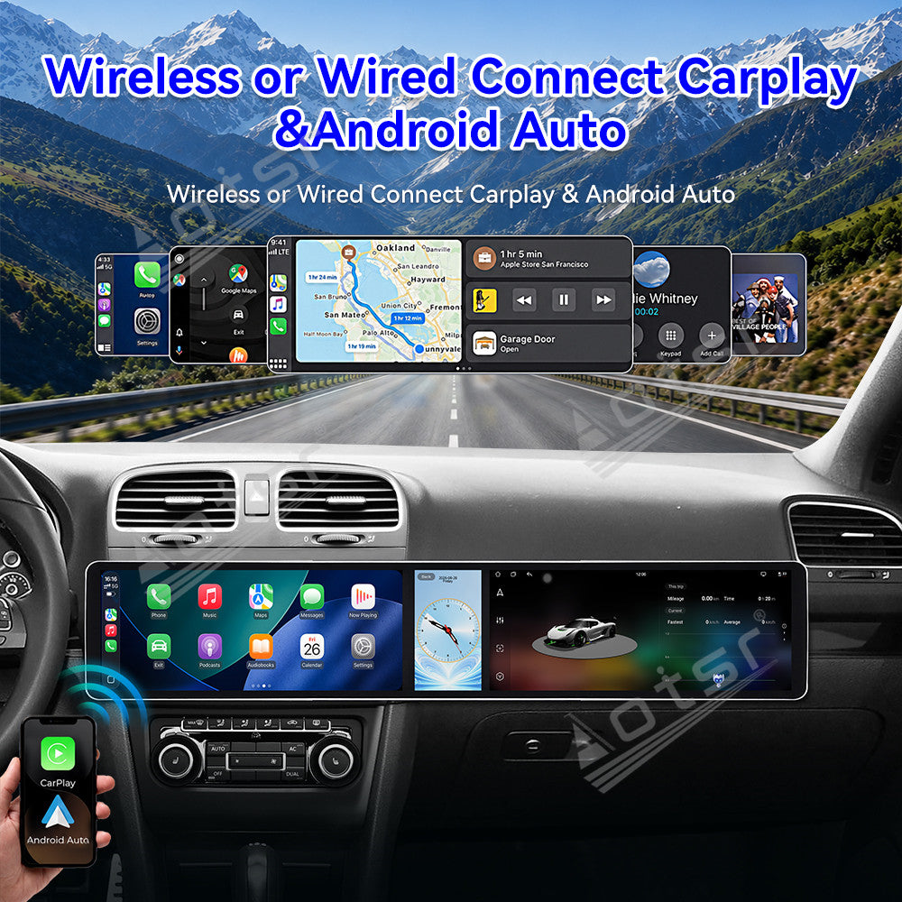 Aotsr Dual 12.3 inch Car Radio for Volkswagen Golf Mk6 2007-2012 with 7870 Octa Core Chip Ultra HD 2400*900 Touch Screen Wireless CarPlay Bluetooth 5.0 GPS Navigation 4G Network OEM Upgrade Multimedia System