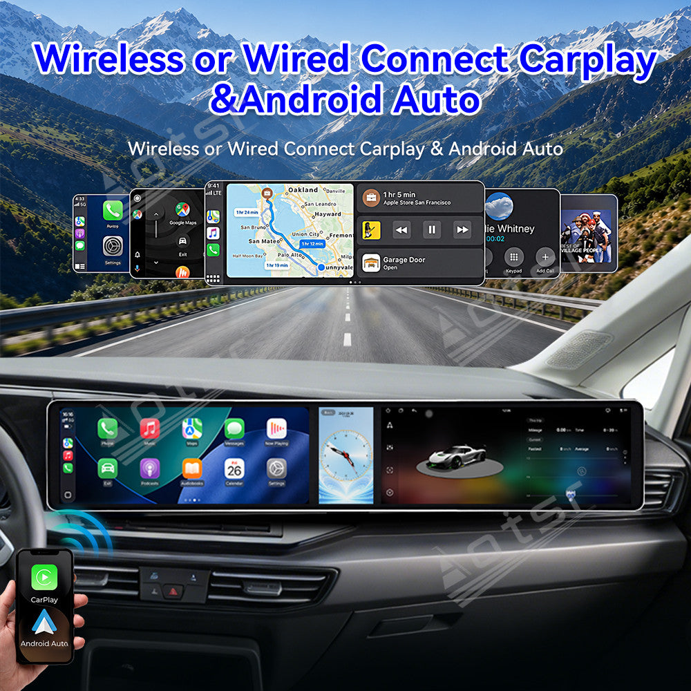 Aotsr Dual 12.3 inch Car Radio for Volkswagen Caddy 2019-2024 with 7870 Octa Core Chip Ultra HD 2400*900 Touch Screen Wireless CarPlay Bluetooth 5.0 GPS Navigation 4G Network OEM Upgrade Multimedia System
