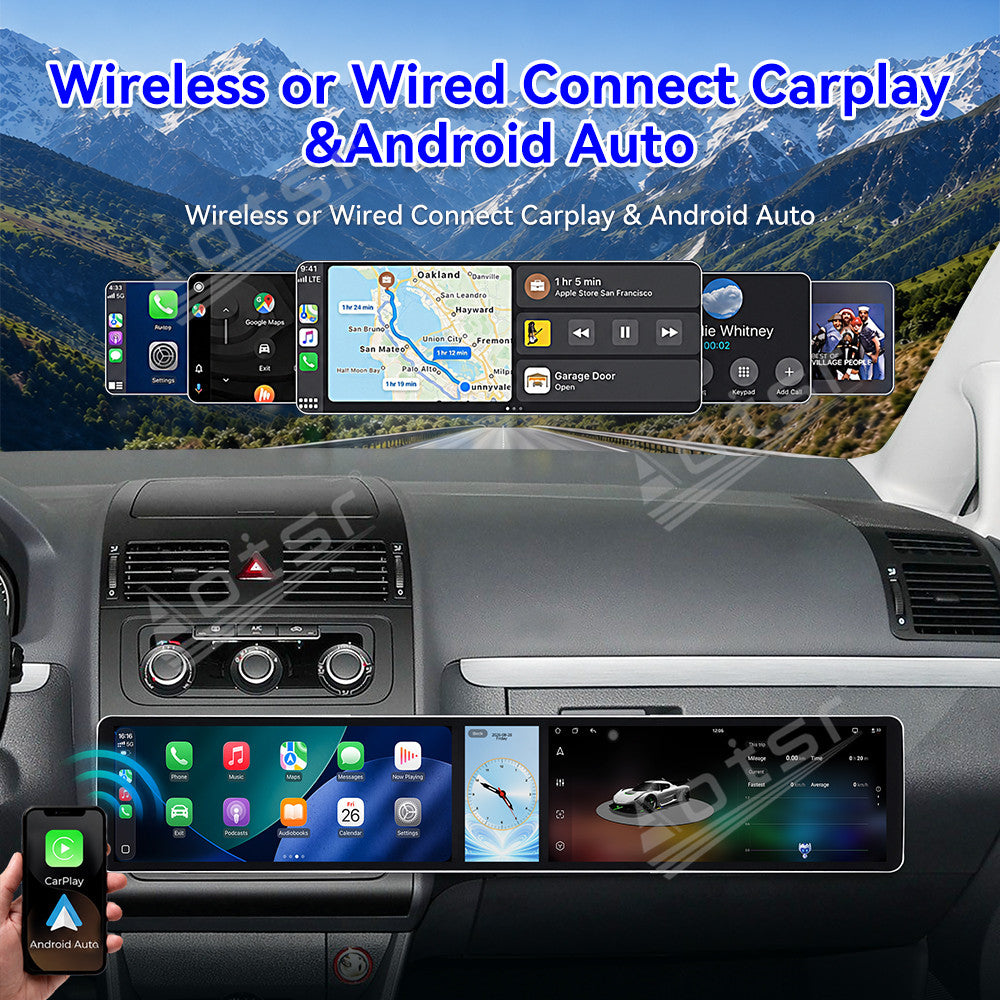 Aotsr Dual 12.3 inch Car Radio for Volkswagen Touran 2004-2015 with 7870 Octa Core Chip Ultra HD 2400*900 Touch Screen Wireless CarPlay Bluetooth 5.0 GPS Navigation 4G Network OEM Upgrade Multimedia System