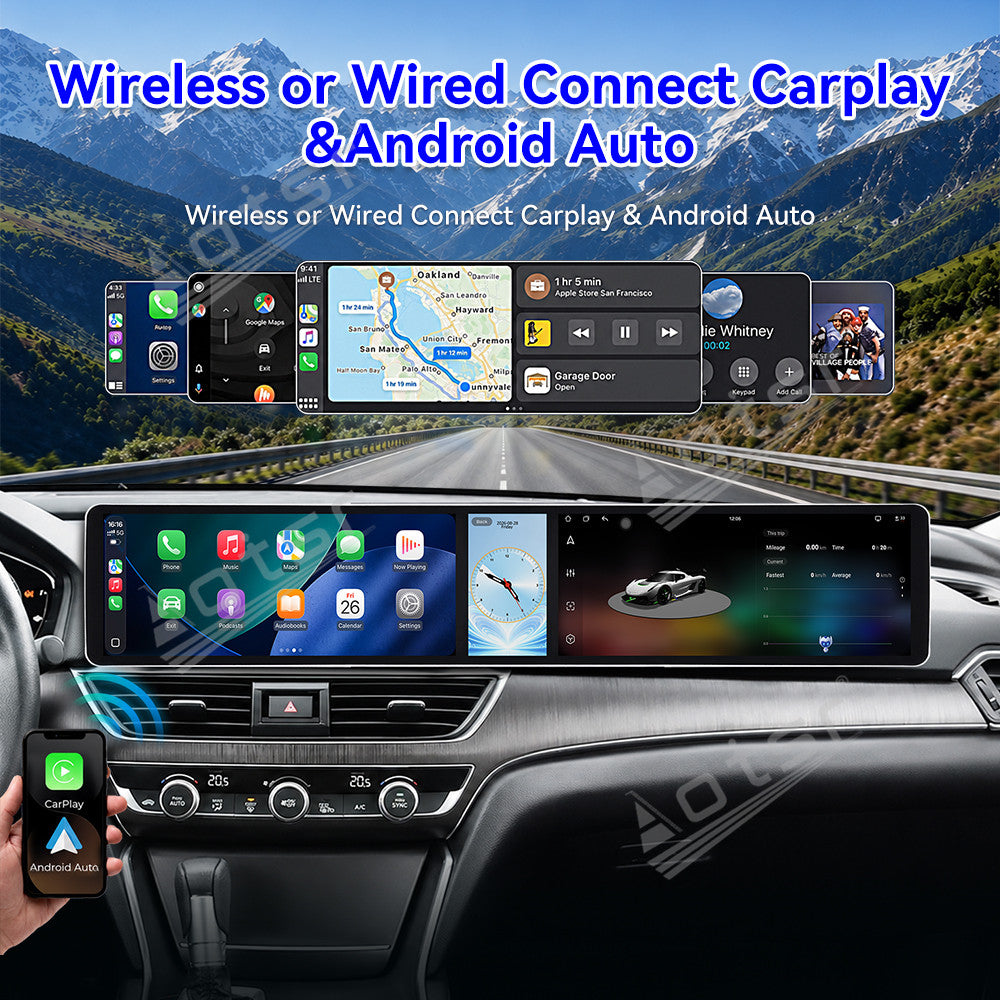 Aotsr Dual 12.3 inch Car Radio for Honda Accord 10th 2017-2022 with 7870 Octa Core Chip Ultra HD 2400*900 Touch Screen Wireless CarPlay Bluetooth 5.0 GPS Navigation 4G Network OEM Upgrade Multimedia System