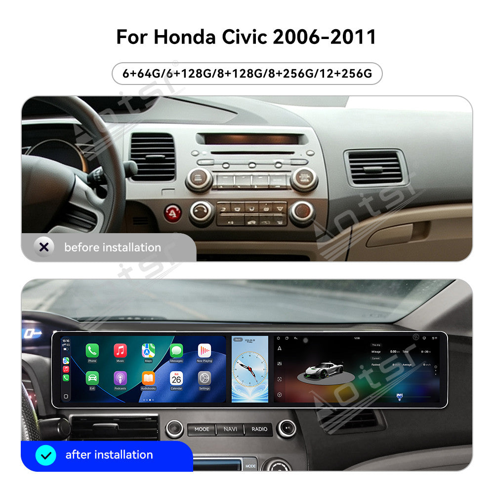 Aotsr Dual 12.3 inch Car Radio for Honda Civic 2006-2011 with 7870 Octa Core Chip Ultra HD 2400*900 Touch Screen Wireless CarPlay Bluetooth 5.0 GPS Navigation 4G Network OEM Upgrade Multimedia System