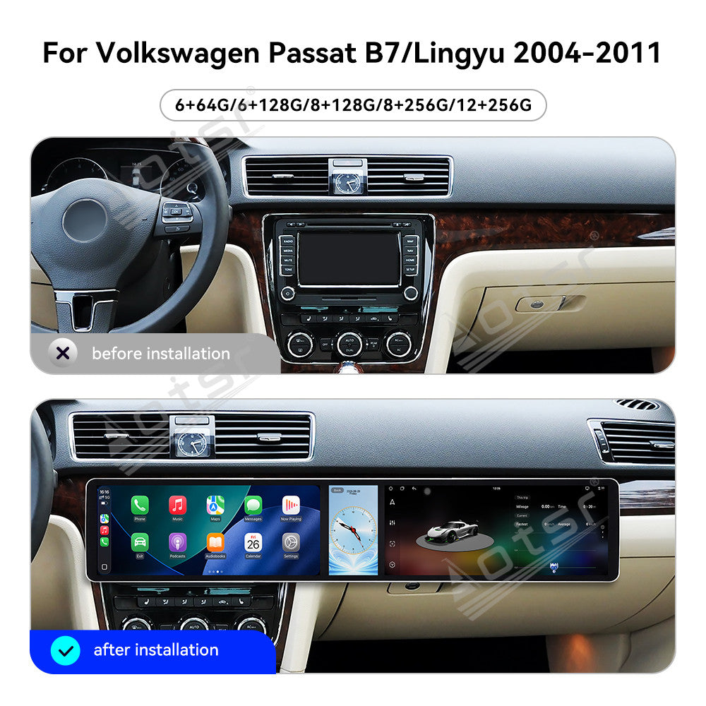 Aotsr Dual 12.3 inch Car Radio for Volkswagen Passat B7/Lingyu 2004-2011 with 7870 Octa Core Chip Ultra HD 2400*900 Touch Screen Wireless CarPlay Bluetooth 5.0 GPS Navigation 4G Network OEM Upgrade Multimedia System
