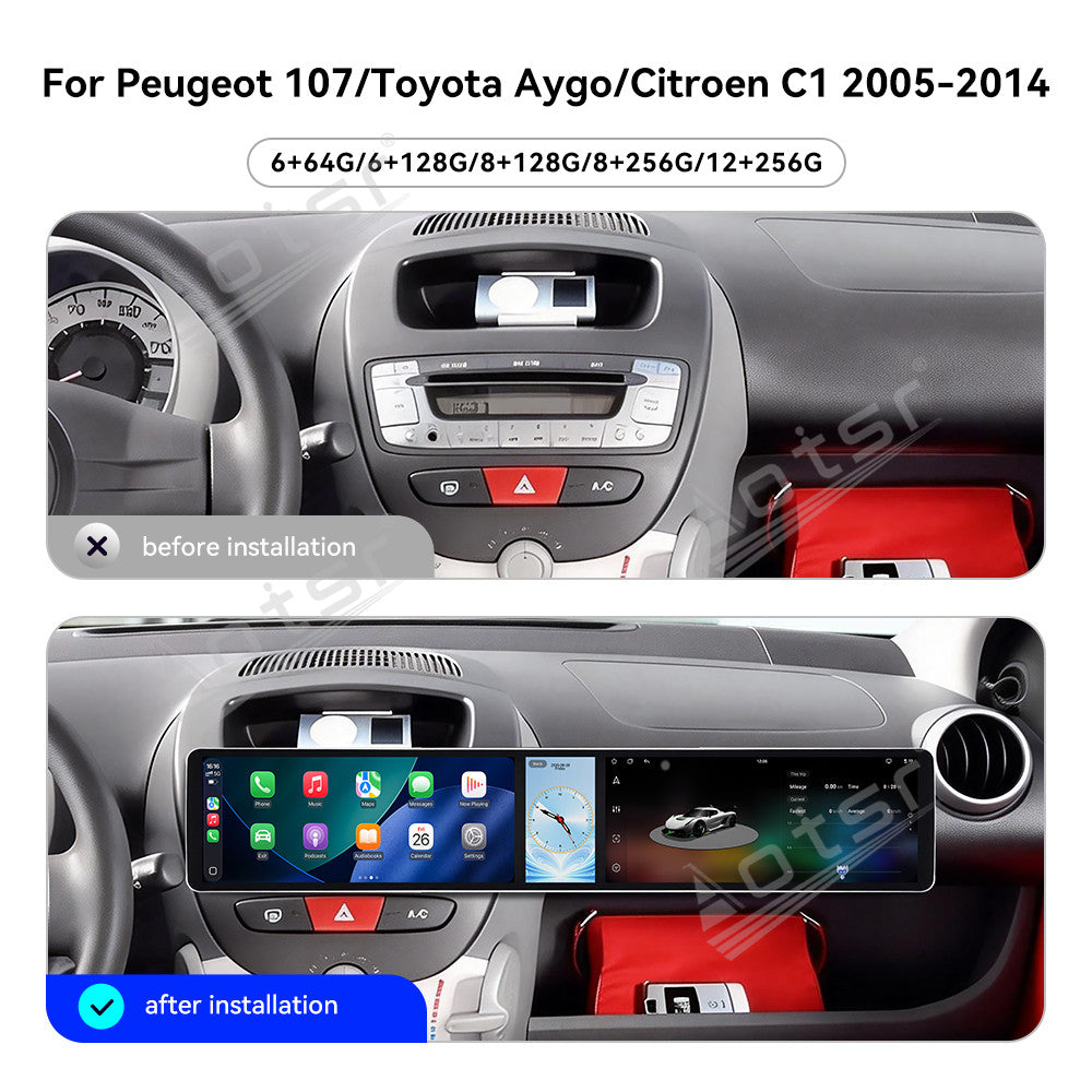 Aotsr Dual 12.3 inch Car Radio for Peugeot 107/Toyota Aygo/Citroen C1 2005-2014 with 7870 Octa Core Chip Ultra HD 2400*900 Touch Screen Wireless CarPlay Bluetooth 5.0 GPS Navigation 4G Network OEM Upgrade Multimedia System