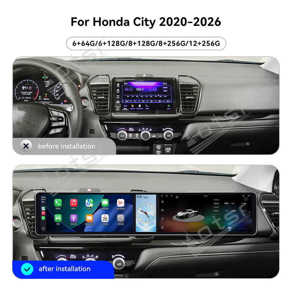 Aotsr Dual 12.3 inch Car Radio for Honda City 2020-2026 with 7870 Octa Core Chip, Ultra HD 2400*900 Touch Screen, Wireless CarPlay, Bluetooth 5.0, GPS Navigation, 4G Network, OEM Upgrade Multimedia System
