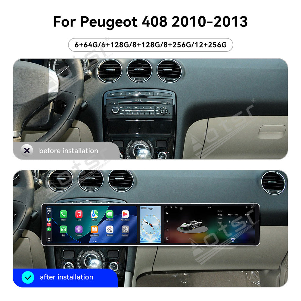 Aotsr Dual 12.3 inch Car Radio for Peugeot 408 2010-2013 with 7870 Octa Core Chip Ultra HD 2400*900 Touch Screen Wireless CarPlay Bluetooth 5.0 GPS Navigation 4G Network OEM Upgrade Multimedia System