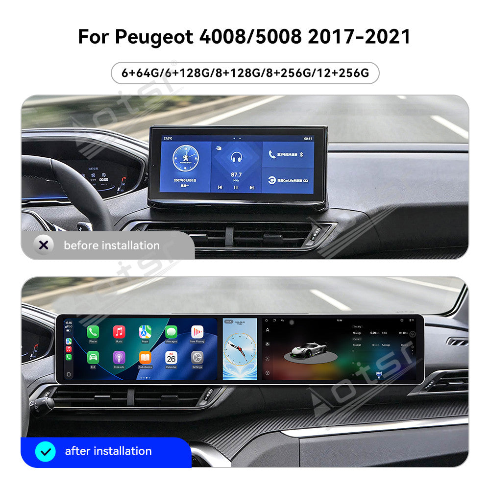 Aotsr Dual 12.3 inch Car Radio for Peugeot 4008/5008 2017-2021 with 7870 Octa Core Chip Ultra HD 2400*900 Touch Screen Wireless CarPlay Bluetooth 5.0 GPS Navigation 4G Network OEM Upgrade Multimedia System