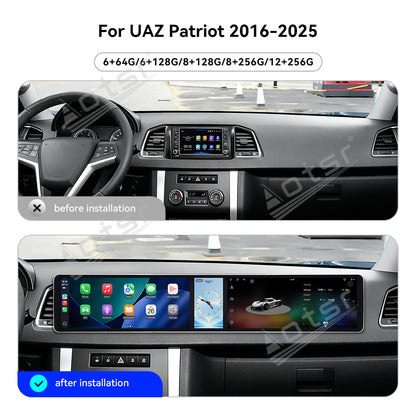 Aotsr Dual 12.3 inch Car Radio for UAZ Patriot 2016-2025 with 7870 Octa Core Chip, Ultra HD 2400*900 Touch Screen, Wireless CarPlay, Bluetooth 5.0, GPS Navigation, 4G Network, OEM Upgrade Multimedia System