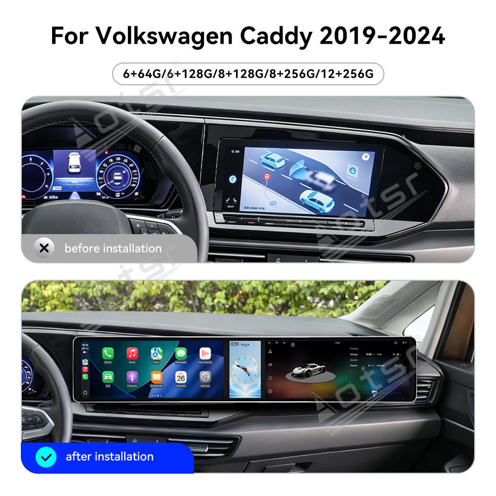 Aotsr Dual 12.3 inch Car Radio for Volkswagen Caddy 2019-2024 with 7870 Octa Core Chip Ultra HD 2400*900 Touch Screen Wireless CarPlay Bluetooth 5.0 GPS Navigation 4G Network OEM Upgrade Multimedia System