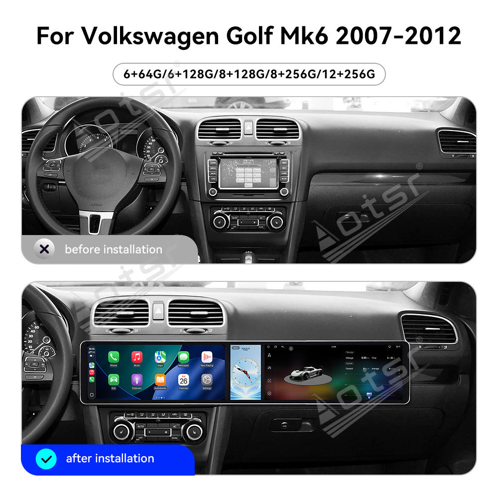 Aotsr Dual 12.3 inch Car Radio for Volkswagen Golf Mk6 2007-2012 with 7870 Octa Core Chip Ultra HD 2400*900 Touch Screen Wireless CarPlay Bluetooth 5.0 GPS Navigation 4G Network OEM Upgrade Multimedia System