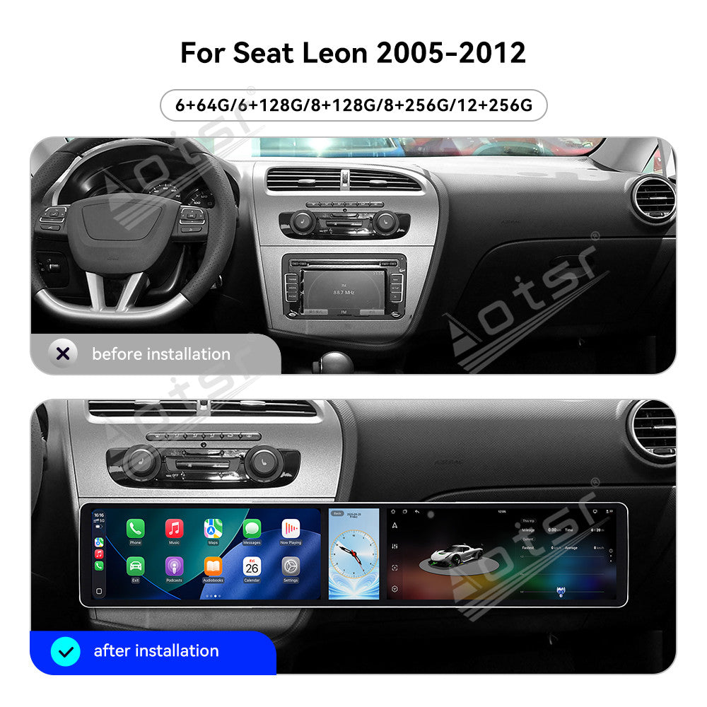 Aotsr Dual 12.3 inch Car Radio for Seat Leon 2005-2012 with 7870 Octa Core Chip Ultra HD 2400*900 Touch Screen Wireless CarPlay Bluetooth 5.0 GPS Navigation 4G Network OEM Upgrade Multimedia System
