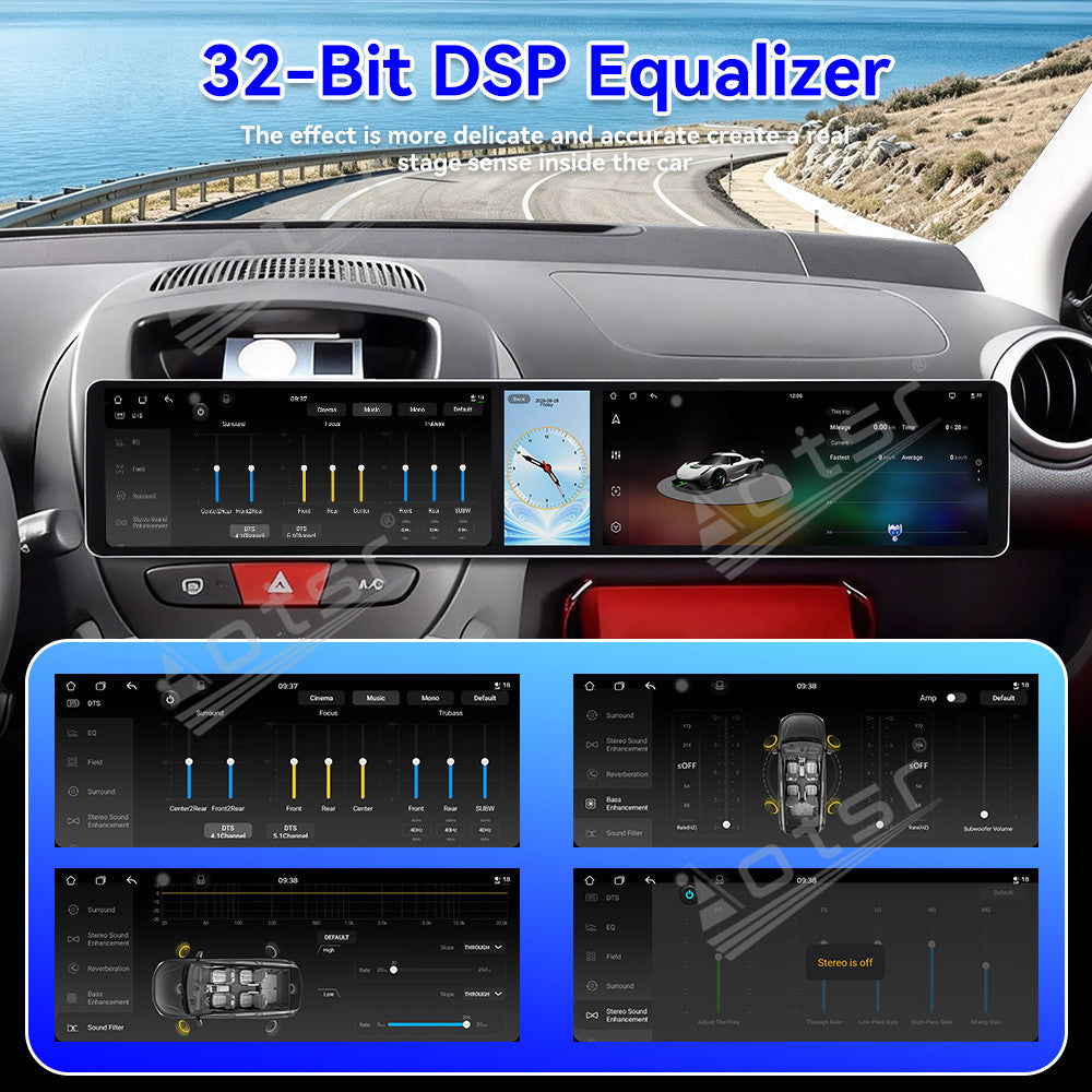 Aotsr Dual 12.3 inch Car Radio for Peugeot 107/Toyota Aygo/Citroen C1 2005-2014 with 7870 Octa Core Chip Ultra HD 2400*900 Touch Screen Wireless CarPlay Bluetooth 5.0 GPS Navigation 4G Network OEM Upgrade Multimedia System