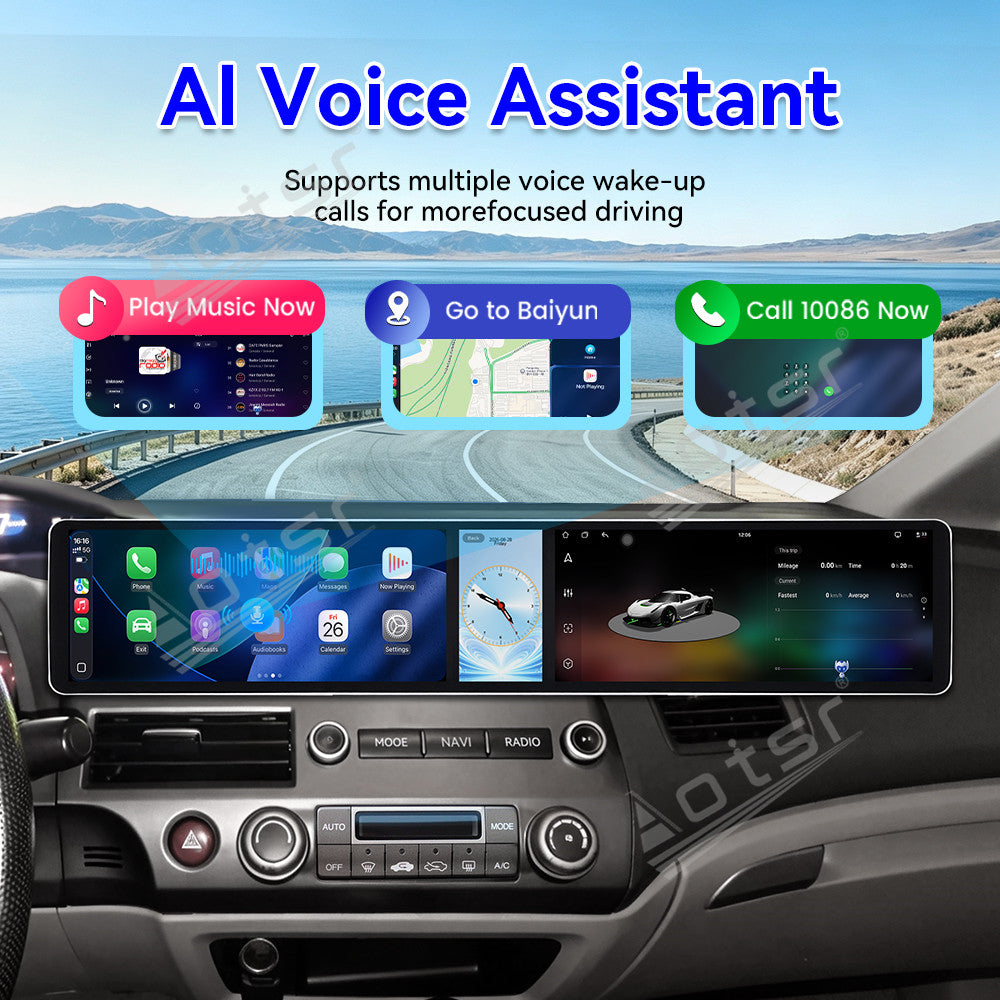 Aotsr Dual 12.3 inch Car Radio for Honda Civic 2006-2011 with 7870 Octa Core Chip Ultra HD 2400*900 Touch Screen Wireless CarPlay Bluetooth 5.0 GPS Navigation 4G Network OEM Upgrade Multimedia System