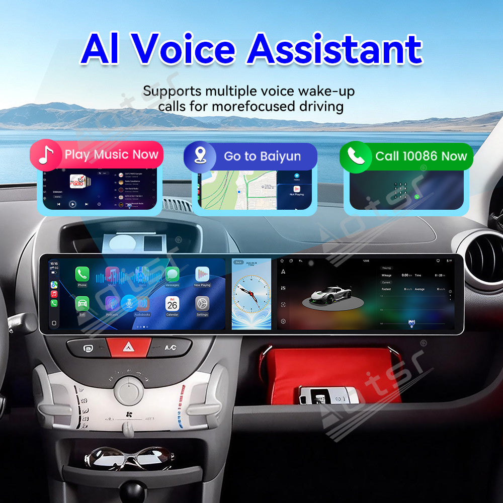 Aotsr Dual 12.3 inch Car Radio for Peugeot 107/Toyota Aygo/Citroen C1 2005-2014 with 7870 Octa Core Chip Ultra HD 2400*900 Touch Screen Wireless CarPlay Bluetooth 5.0 GPS Navigation 4G Network OEM Upgrade Multimedia System