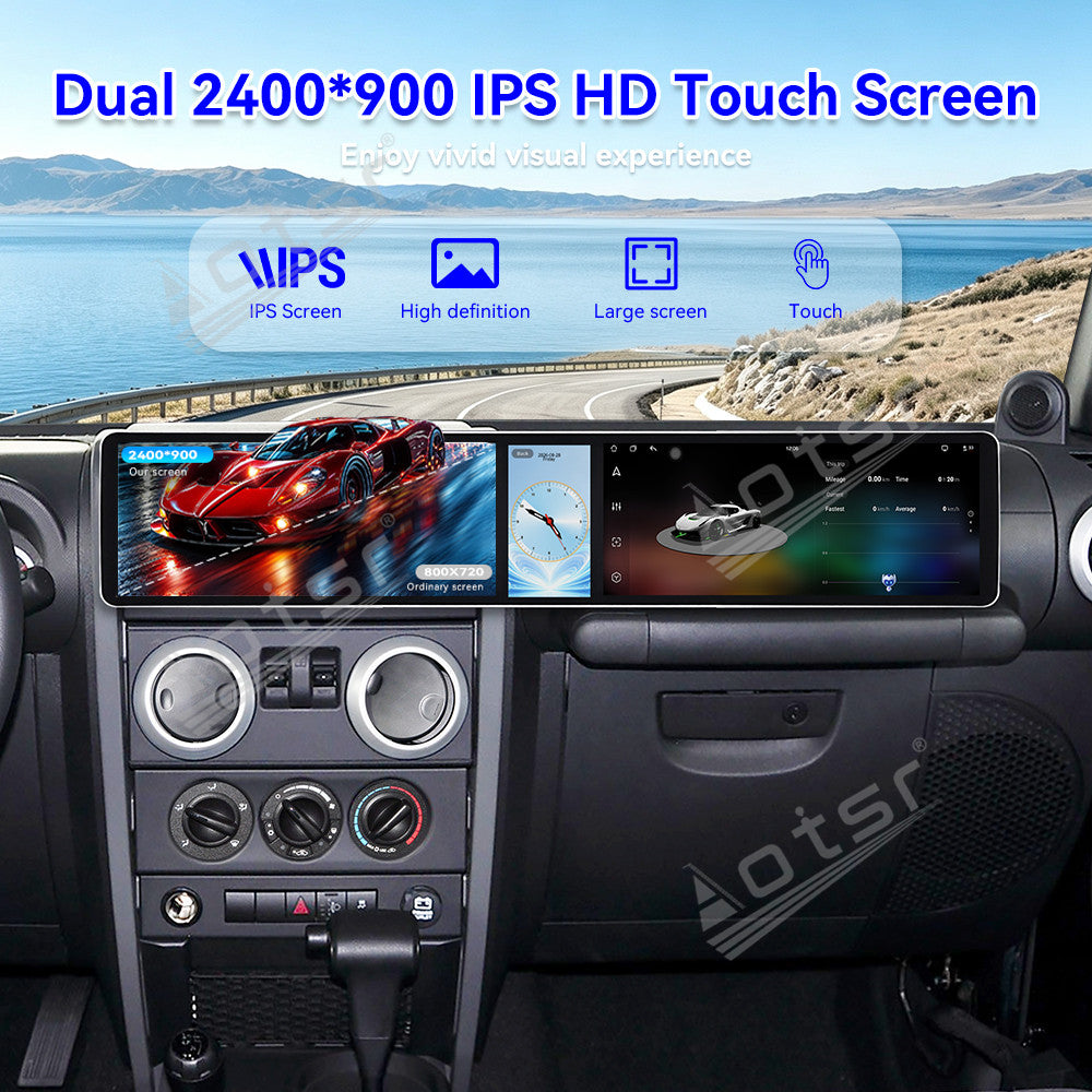 Aotsr Dual 12.3 inch Car Radio For Jeep Wrangler 2008-2010 with 7870 Octa Core Chip Ultra HD 2400*900 Touch Screen Wireless CarPlay Bluetooth 5.0 GPS Navigation