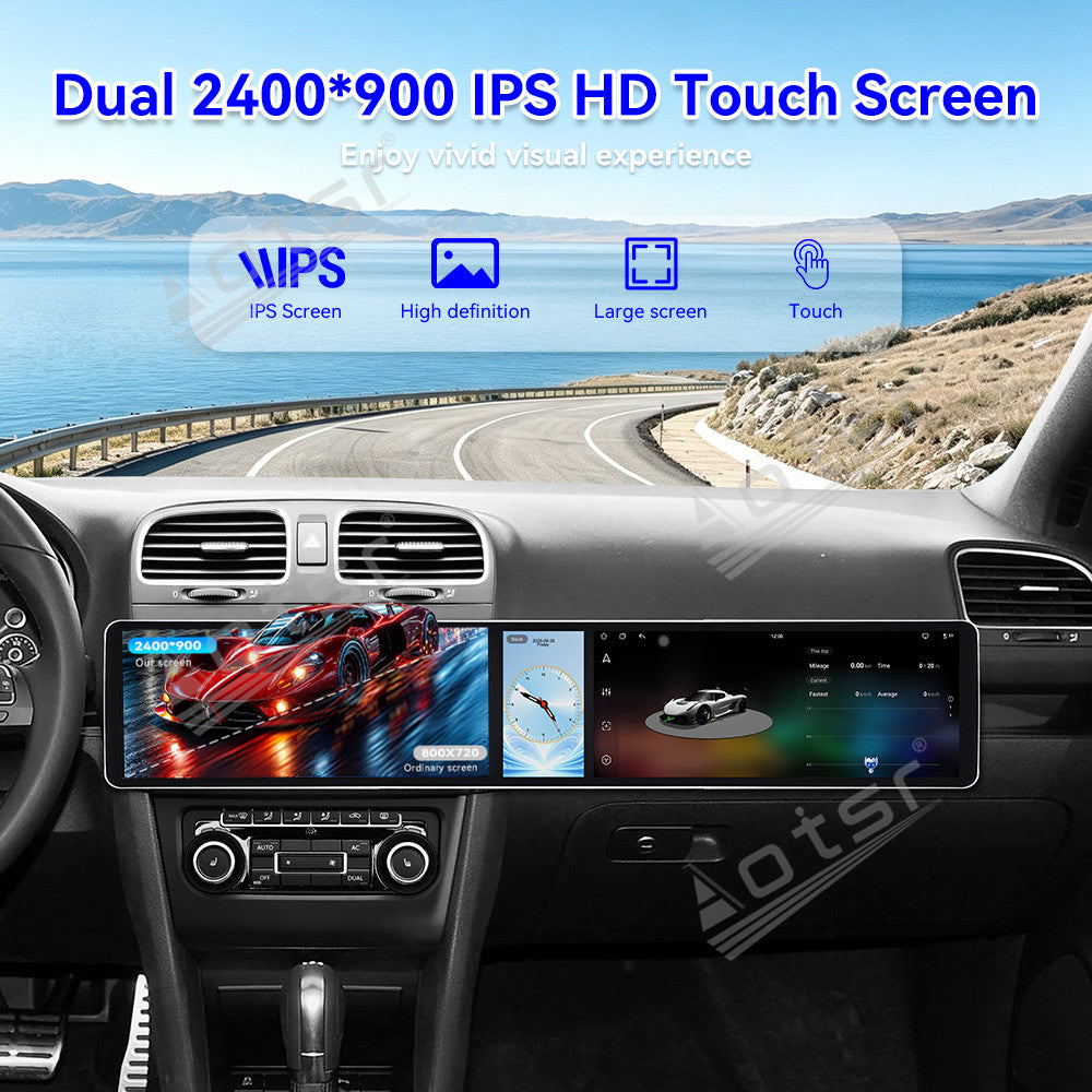 Aotsr Dual 12.3 inch Car Radio for Volkswagen Golf Mk6 2007-2012 with 7870 Octa Core Chip Ultra HD 2400*900 Touch Screen Wireless CarPlay Bluetooth 5.0 GPS Navigation 4G Network OEM Upgrade Multimedia System