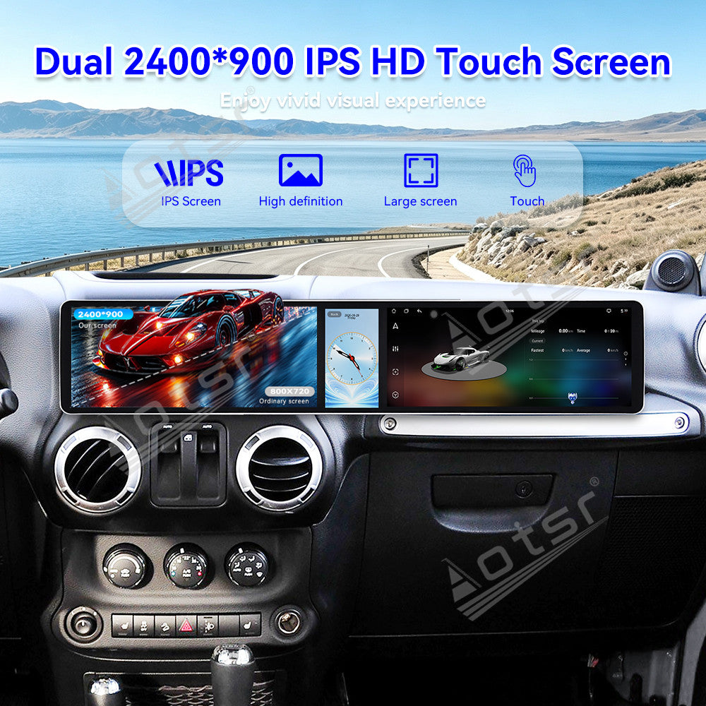 Aotsr Dual 12.3 inch Car Radio For Jeep Wrangler Unlimited 2004-2017 with 7870 Octa Core Chip Ultra HD 2400*900 Touch Screen Wireless CarPlay Bluetooth 5.0 GPS Navigation