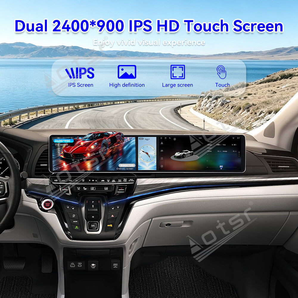 Aotsr Dual 12.3 inch Car Radio for Honda Odyssey 2020-2026 with 7870 Octa Core Chip, Ultra HD 2400*900 Touch Screen, Wireless CarPlay, Bluetooth 5.0, GPS Navigation, 4G Network, OEM Upgrade Multimedia System