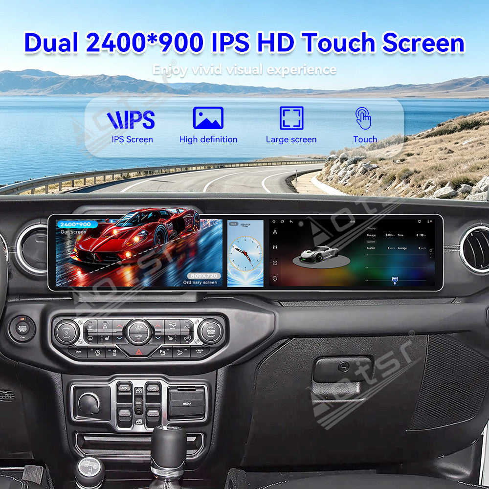 Aotsr Dual 12.3 inch Car Radio For Jeep Wrangler Rubicon 2018-2026 with 7870 Octa Core Chip Ultra HD 2400*900 Touch Screen Wireless CarPlay Bluetooth 5.0 GPS Navigation