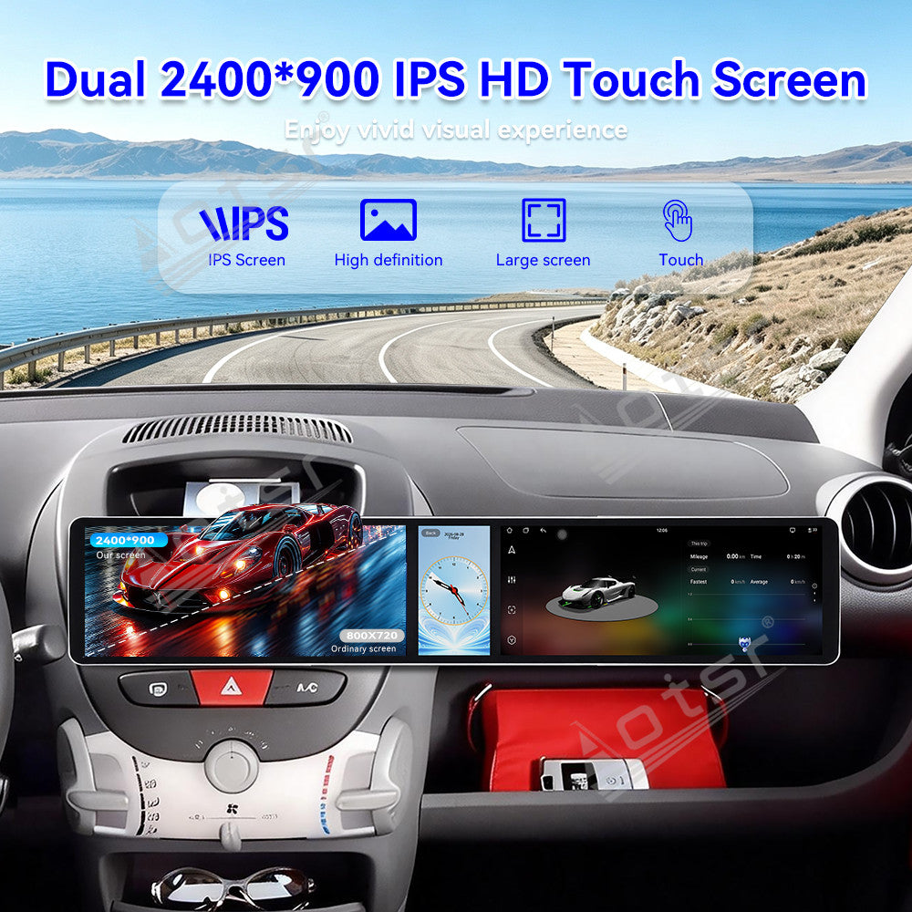 Aotsr Dual 12.3 inch Car Radio for Peugeot 107/Toyota Aygo/Citroen C1 2005-2014 with 7870 Octa Core Chip Ultra HD 2400*900 Touch Screen Wireless CarPlay Bluetooth 5.0 GPS Navigation 4G Network OEM Upgrade Multimedia System