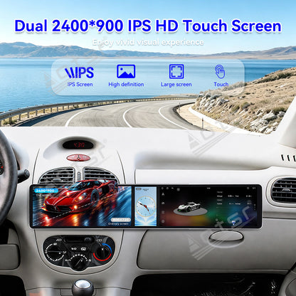 Aotsr Dual 12.3 inch Car Radio for Peugeot 206 2002-2010 with 7870 Octa Core Chip Ultra HD 2400*900 Touch Screen Wireless CarPlay Bluetooth 5.0 GPS Navigation 4G Network OEM Upgrade Multimedia System