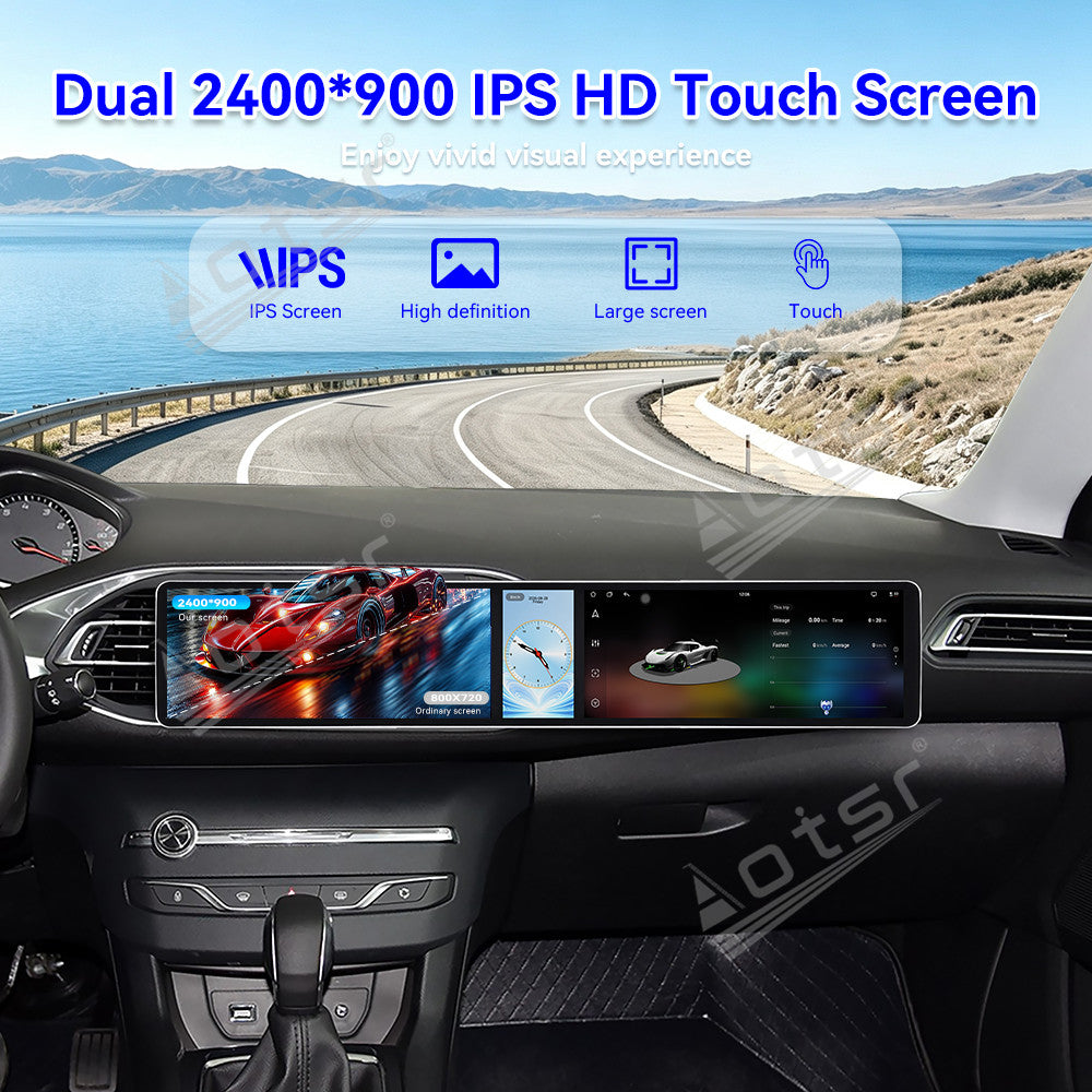 Aotsr Dual 12.3 inch Car Radio for Peugeot 308S 2015-2018 with 7870 Octa Core Chip Ultra HD 2400*900 Touch Screen Wireless CarPlay Bluetooth 5.0 GPS Navigation 4G Network OEM Upgrade Multimedia System
