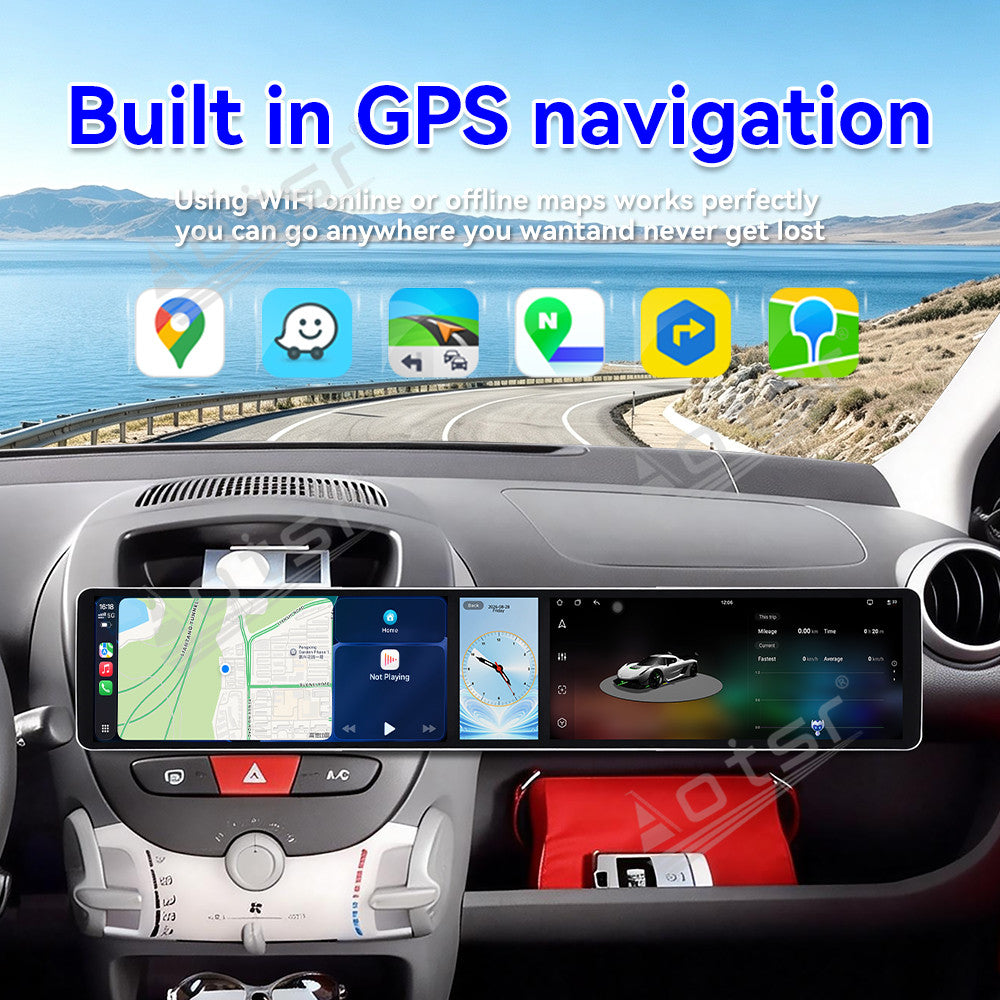 Aotsr Dual 12.3 inch Car Radio for Peugeot 107/Toyota Aygo/Citroen C1 2005-2014 with 7870 Octa Core Chip Ultra HD 2400*900 Touch Screen Wireless CarPlay Bluetooth 5.0 GPS Navigation 4G Network OEM Upgrade Multimedia System
