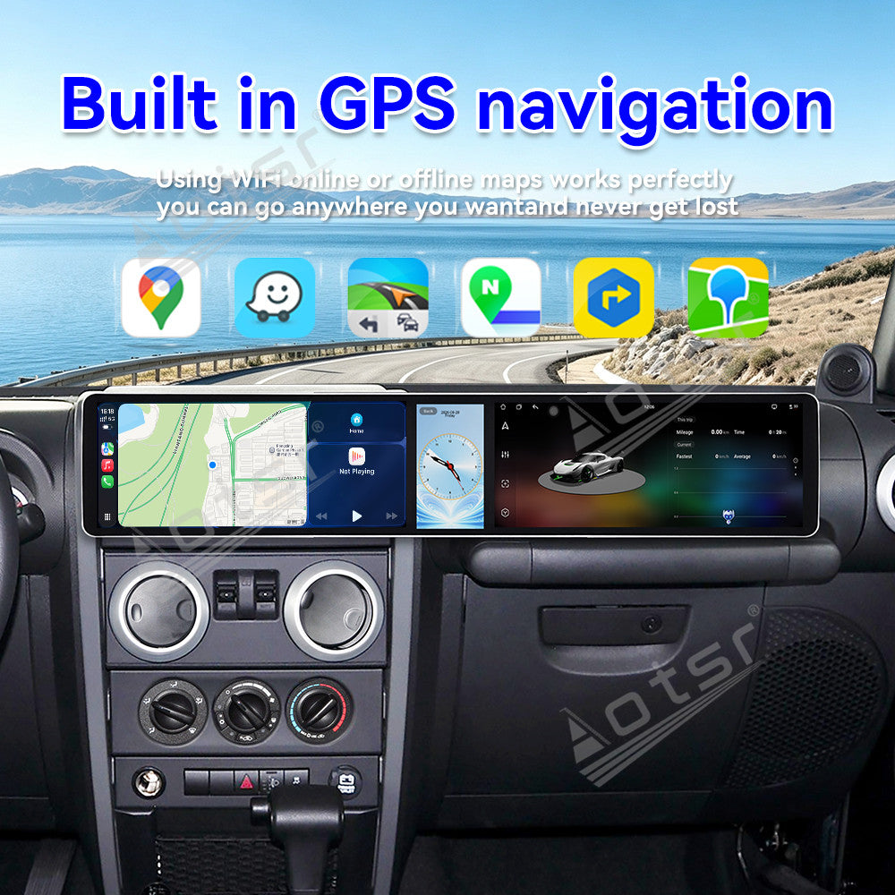 Aotsr Dual 12.3 inch Car Radio For Jeep Wrangler 2008-2010 with 7870 Octa Core Chip Ultra HD 2400*900 Touch Screen Wireless CarPlay Bluetooth 5.0 GPS Navigation