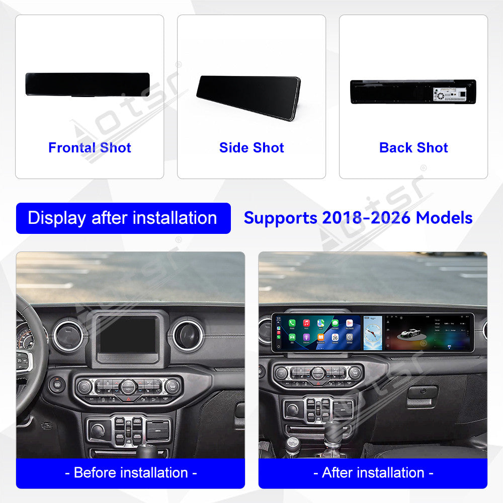 Aotsr Dual 12.3 inch Car Radio For Jeep Wrangler Rubicon 2018-2026 with 7870 Octa Core Chip Ultra HD 2400*900 Touch Screen Wireless CarPlay Bluetooth 5.0 GPS Navigation