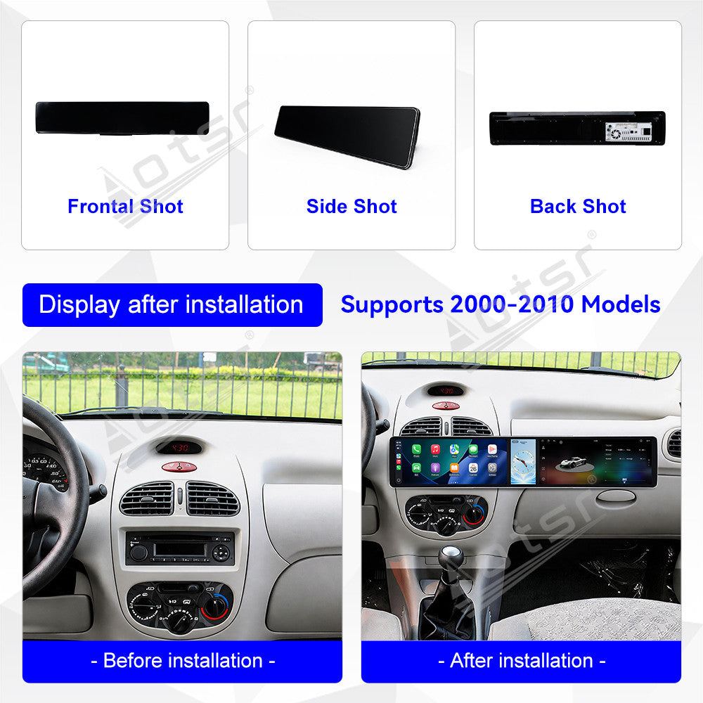 Aotsr Dual 12.3 inch Car Radio for Peugeot 206 2002-2010 with 7870 Octa Core Chip Ultra HD 2400*900 Touch Screen Wireless CarPlay Bluetooth 5.0 GPS Navigation 4G Network OEM Upgrade Multimedia System