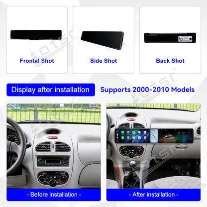 Aotsr Dual 12.3 inch Car Radio for Peugeot 206 2002-2010 with 7870 Octa Core Chip Ultra HD 2400*900 Touch Screen Wireless CarPlay Bluetooth 5.0 GPS Navigation 4G Network OEM Upgrade Multimedia System