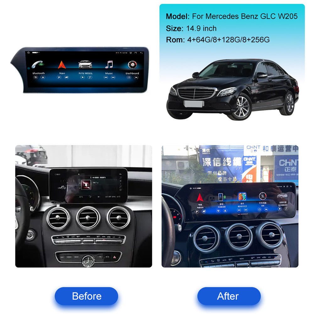 14.9 Inch Tesla Screen For Mercedes-Benz GLC W205  Android 13.0 Car  Radio  Player  GPS Navi Auto Stereo Multimedia Video DSP Carplay 4G SIM