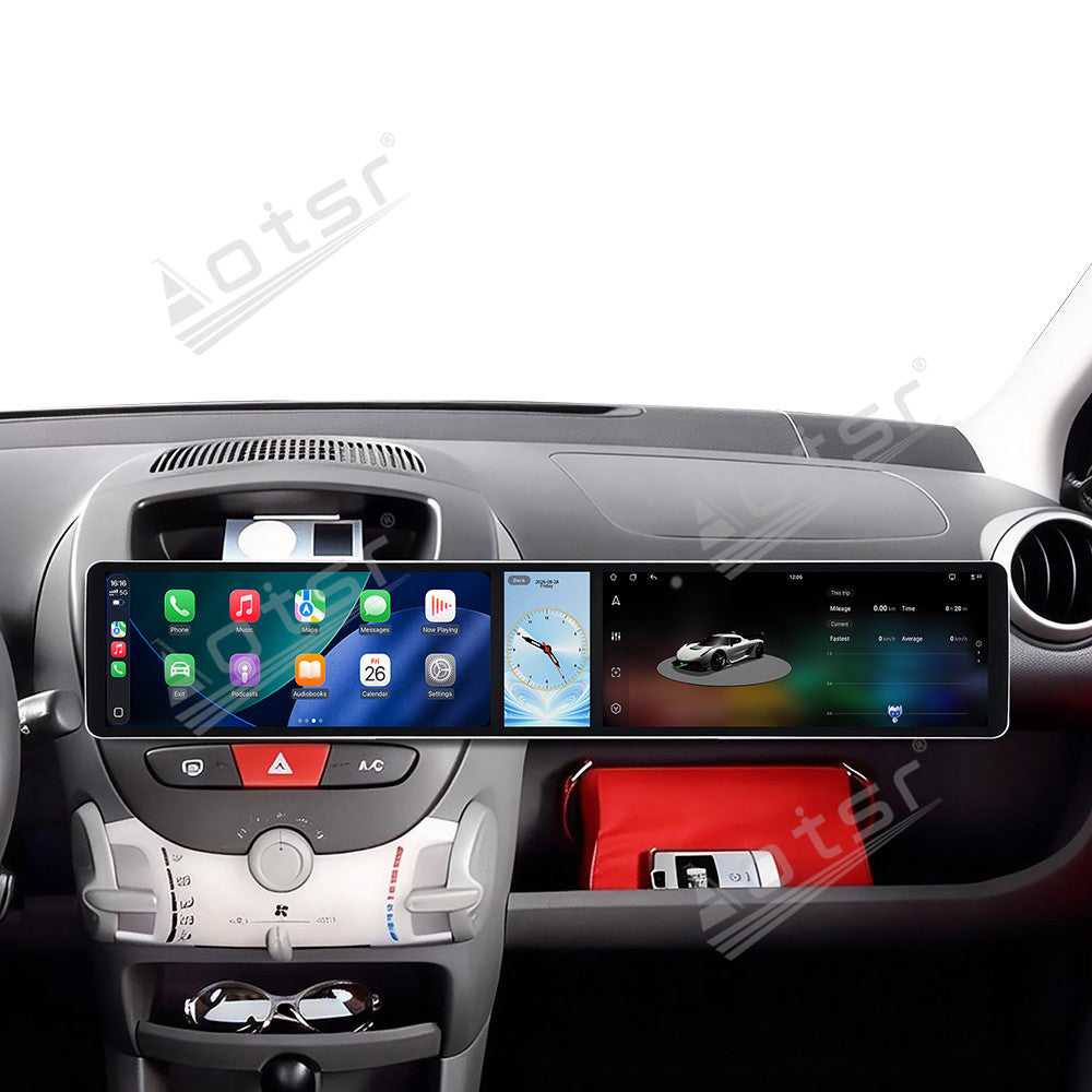 Aotsr Dual 12.3 inch Car Radio for Peugeot 107/Toyota Aygo/Citroen C1 2005-2014 with 7870 Octa Core Chip Ultra HD 2400*900 Touch Screen Wireless CarPlay Bluetooth 5.0 GPS Navigation 4G Network OEM Upgrade Multimedia System