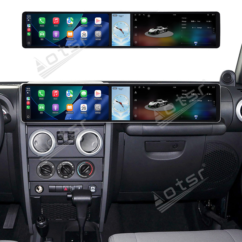 Aotsr Dual 12.3 inch Car Radio For Jeep Wrangler 2008-2010 with 7870 Octa Core Chip Ultra HD 2400*900 Touch Screen Wireless CarPlay Bluetooth 5.0 GPS Navigation