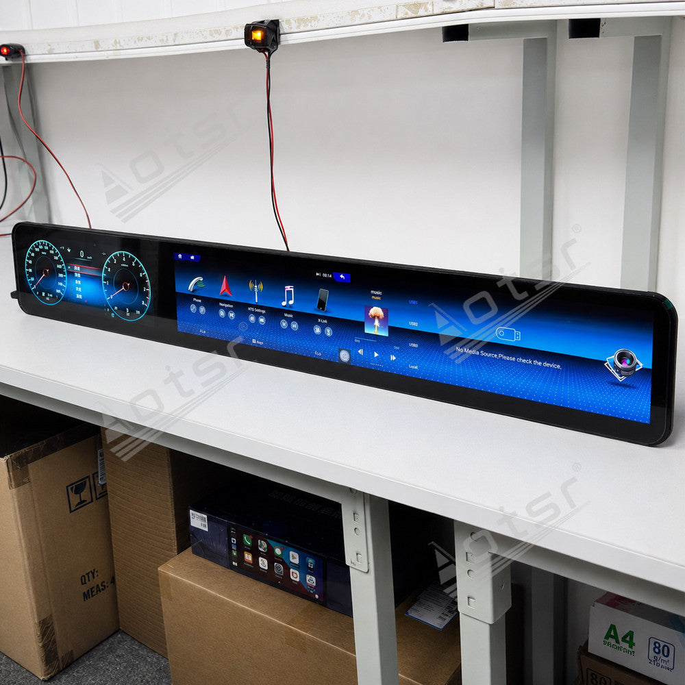 Aotsr 38.5 inch Triple Screen Android Car Radio for Mercedes-Benz E-Class 2016-2020, Qualcomm Platform, Wireless CarPlay, Bluetooth 5.0, Multimedia Navigation Head Unit