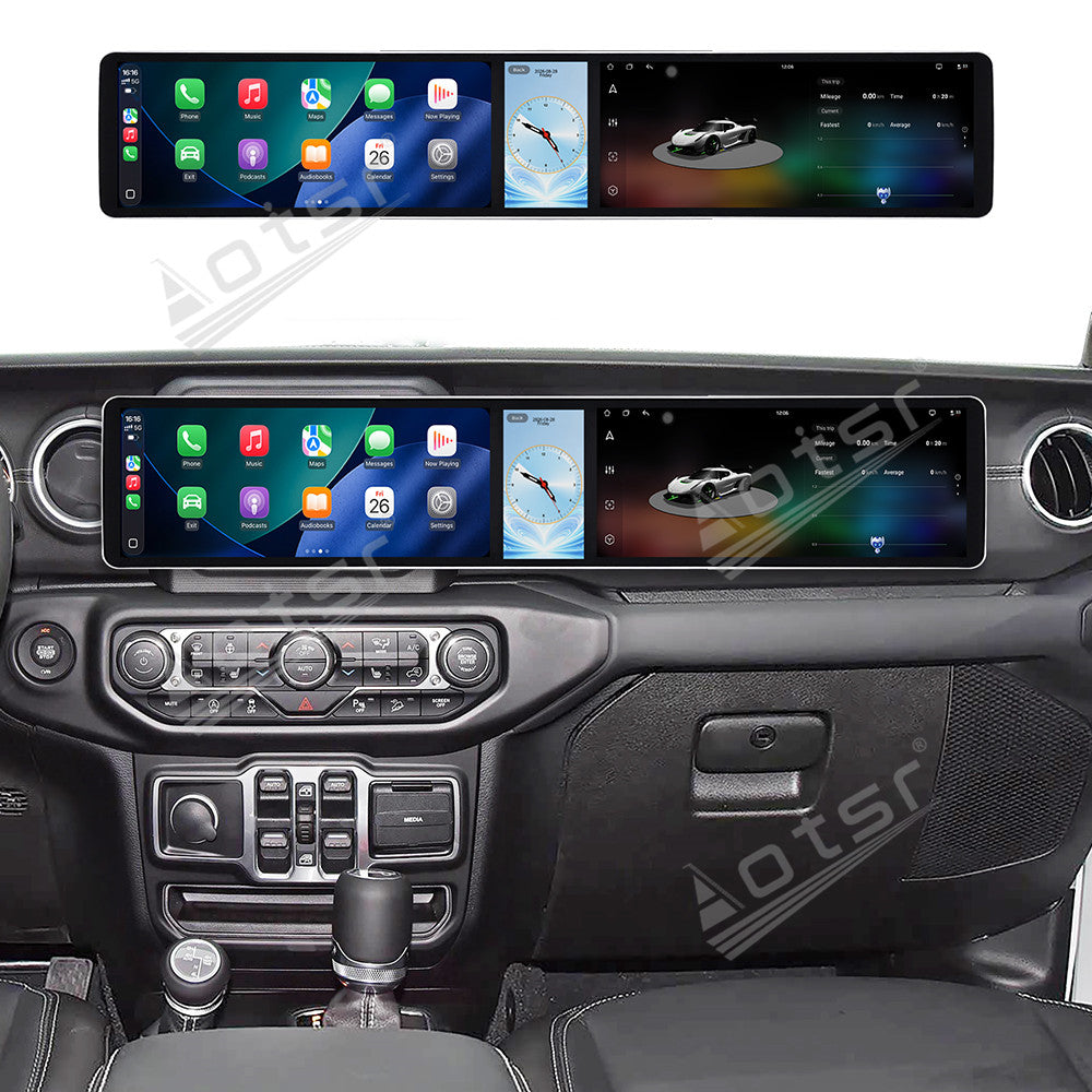 Aotsr Dual 12.3 inch Car Radio For Jeep Wrangler Rubicon 2018-2026 with 7870 Octa Core Chip Ultra HD 2400*900 Touch Screen Wireless CarPlay Bluetooth 5.0 GPS Navigation