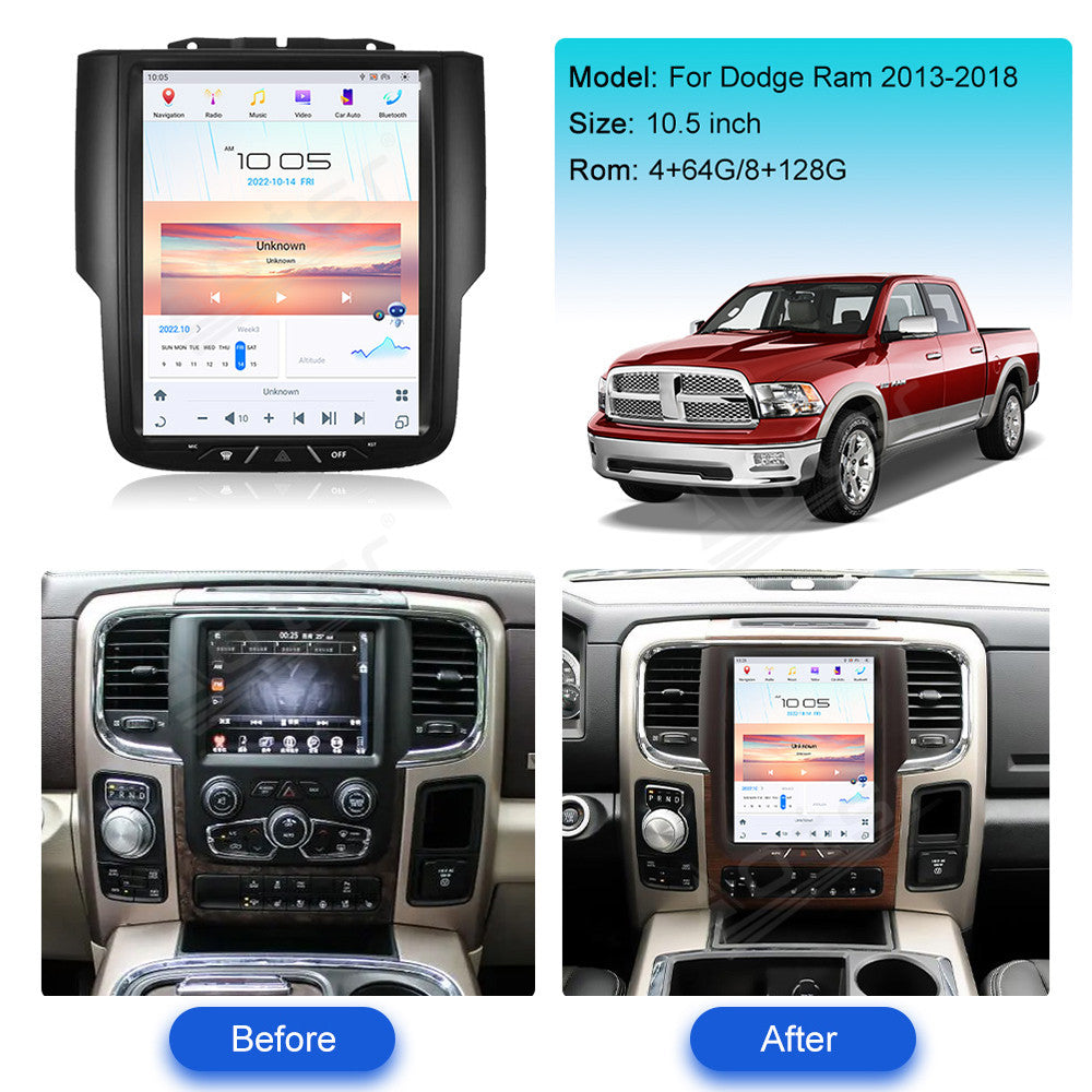 10.5 Inch Tesla Screen For Dodge Ram 2013-2018 Android 13.0 Car Radio Player GPS Navi Auto Stereo Multimedia Video DSP Carplay 4G SIM