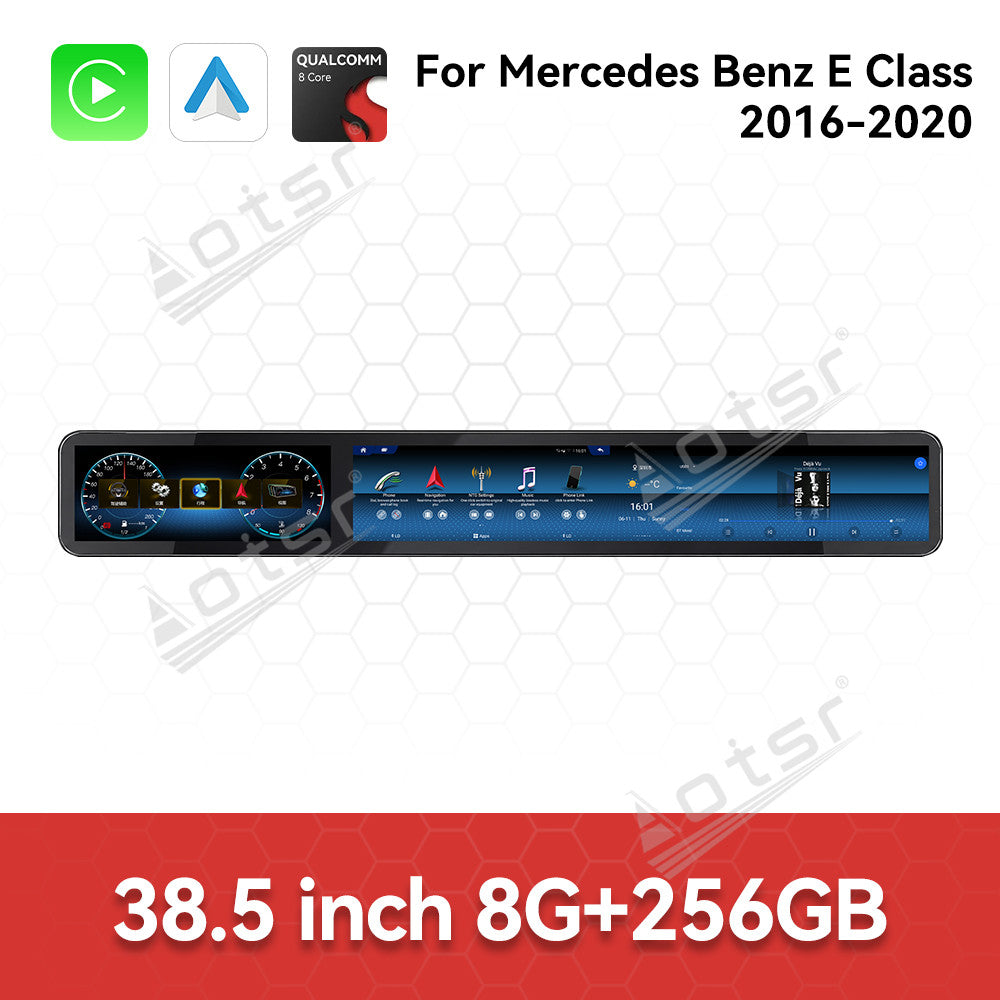 Aotsr 38.5 inch Triple Screen Android Car Radio for Mercedes-Benz E-Class 2016-2020, Qualcomm Platform, Wireless CarPlay, Bluetooth 5.0, Multimedia Navigation Head Unit