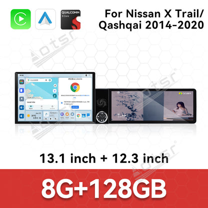 Aotsr Dual Screen 13.1 inch+12.3 inch Android 15 Carplay Car Radio for Nissan X-Trail;Nissan Qashqai 2014-2020 Car GPS Navigation Multimedia