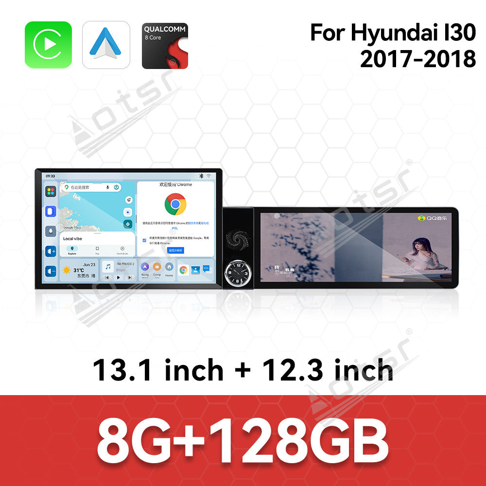 Aotsr Dual Screen 13.1 inch+12.3 inch Android 15 Carplay Car Radio for Hyundai I30 2017-2018 Car GPS Navigation Multimedia