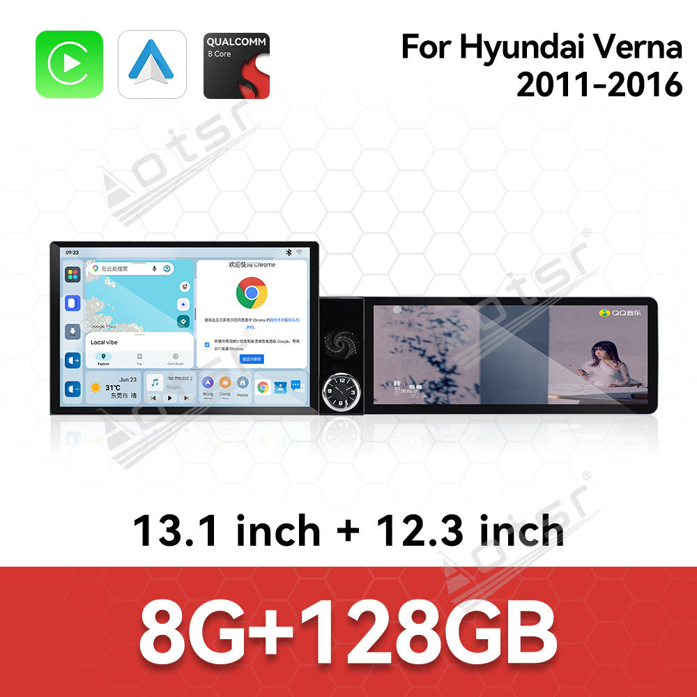 Aotsr Dual Screen 13.1 inch+12.3 inch Android 15 Carplay Car Radio for Hyundai Verna 2011-2016 Car GPS Navigation Multimedia