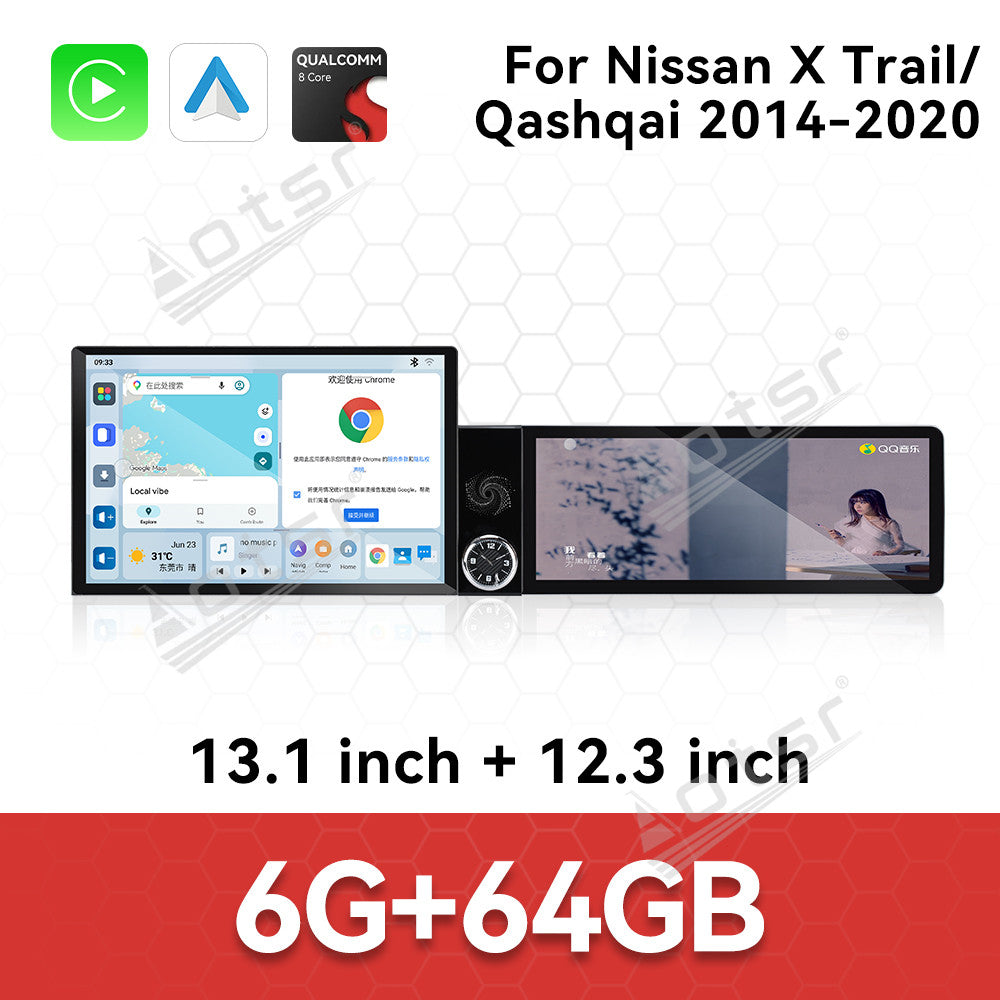 Aotsr Dual Screen 13.1 inch+12.3 inch Android 15 Carplay Car Radio for Nissan X-Trail;Nissan Qashqai 2014-2020 Car GPS Navigation Multimedia