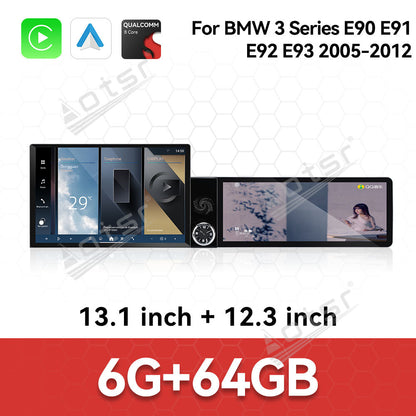 Aotsr Dual Screen 13.1 inch+12.3 inch Android 15 Carplay Car Radio for BMW 3 Series E90 E91 E92 E93 2005-2012 Car GPS Navigation Multimedia