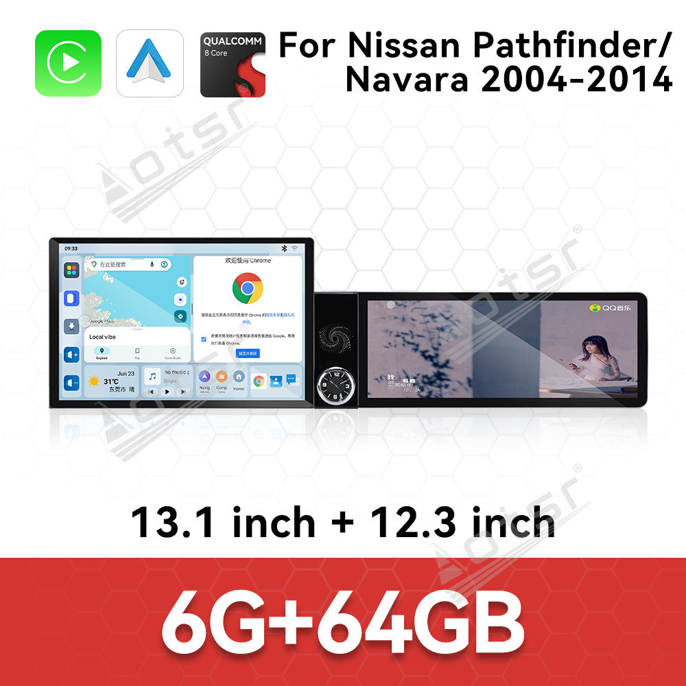 Aotsr Dual Screen 13.1 inch+12.3 inch Android 15 Carplay Car Radio for Nissan Pathfinder;Nissan Navara 2004-2014 Car GPS Navigation Multimedia