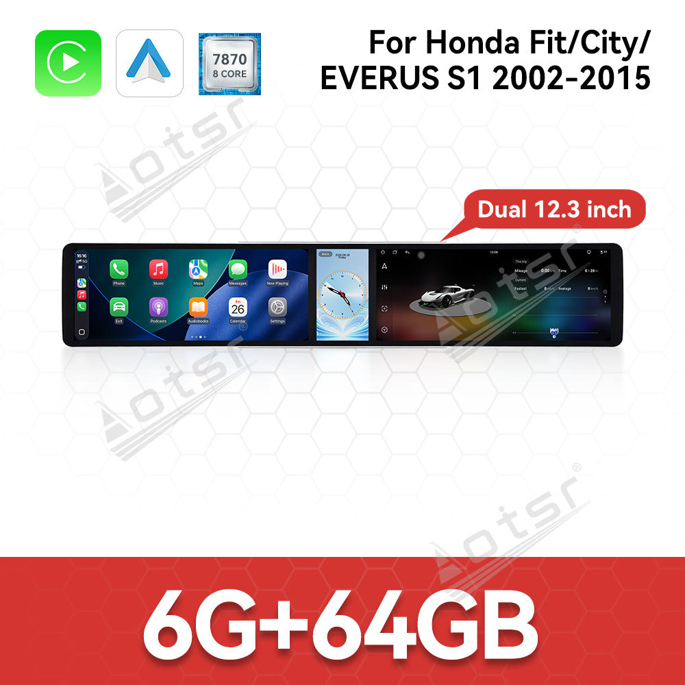 Aotsr Dual 12.3 inch Car Radio for Honda Fit/City/EVERUS S1 2002-2015 with 7870 Octa Core Chip, Ultra HD 2400*900 Touch Screen, Wireless CarPlay, Bluetooth 5.0, GPS Navigation, 4G Network, OEM Upgrade Multimedia System