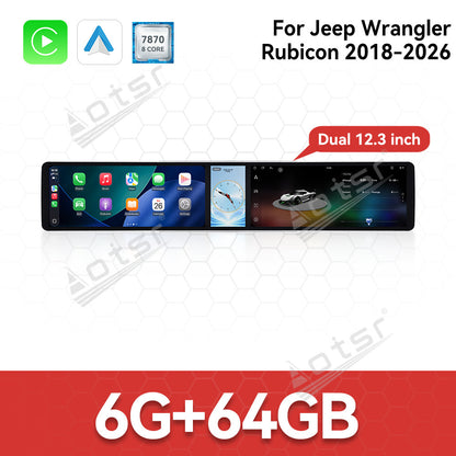Aotsr Dual 12.3 inch Car Radio For Jeep Wrangler Rubicon 2018-2026 with 7870 Octa Core Chip Ultra HD 2400*900 Touch Screen Wireless CarPlay Bluetooth 5.0 GPS Navigation
