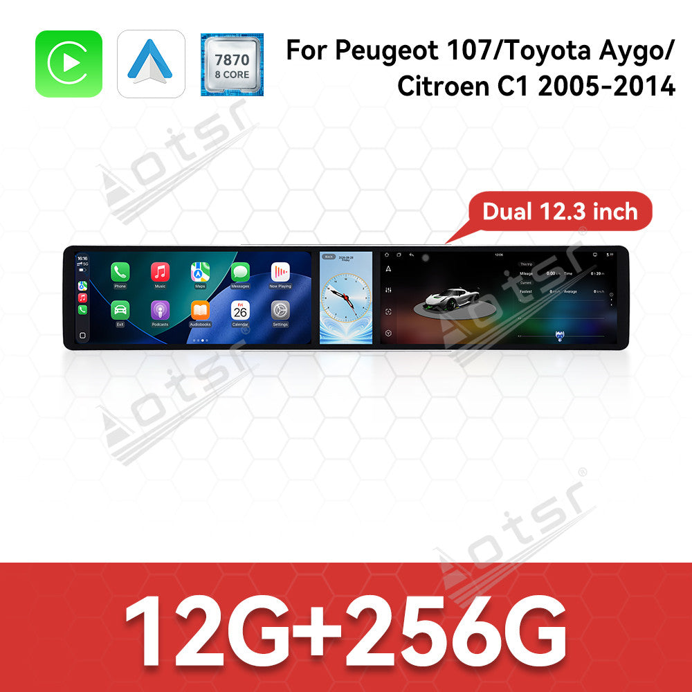 Aotsr Dual 12.3 inch Car Radio for Peugeot 107/Toyota Aygo/Citroen C1 2005-2014 with 7870 Octa Core Chip Ultra HD 2400*900 Touch Screen Wireless CarPlay Bluetooth 5.0 GPS Navigation 4G Network OEM Upgrade Multimedia System