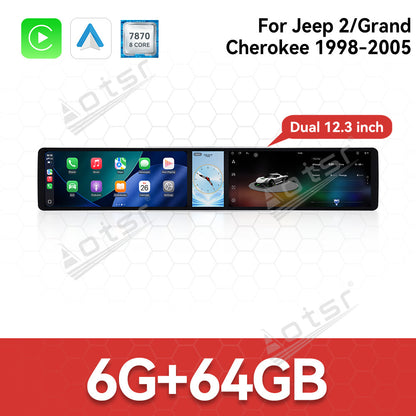Aotsr Dual 12.3 inch Car Radio For Jeep 2/Grand Cherokee 1998-2005 with 7870 Octa Core Chip Ultra HD 2400*900 Touch Screen Wireless CarPlay Bluetooth 5.0 GPS Navigation